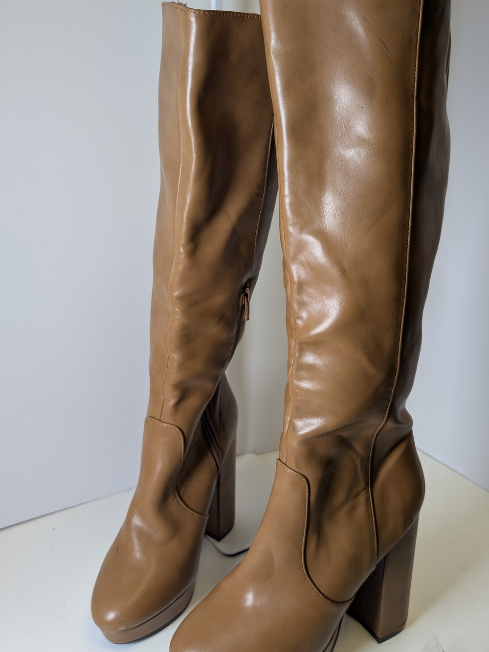 Shoe Dazzle Tan Over-the-Knee Platform Block Heel Boots